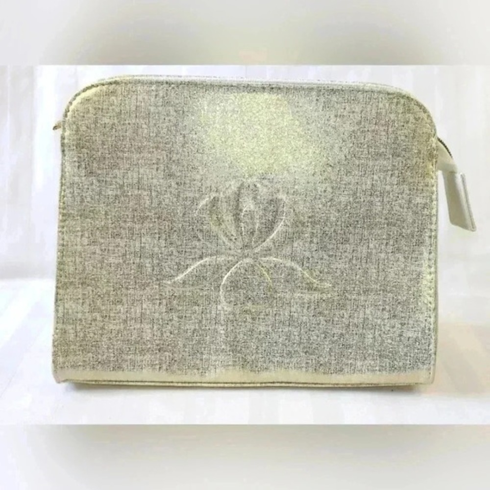 Gold Metallic Floral Embossed Cosmetic Bag Zebra‎ Print Lining Iris Zipper Pull